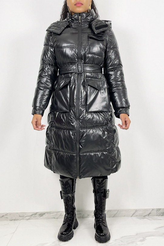 Lange metallic zwarte gewatteerde jas met riem in de taille - 2