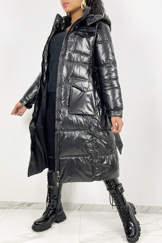 Lange metallic zwarte gewatteerde jas met riem in de taille - 3