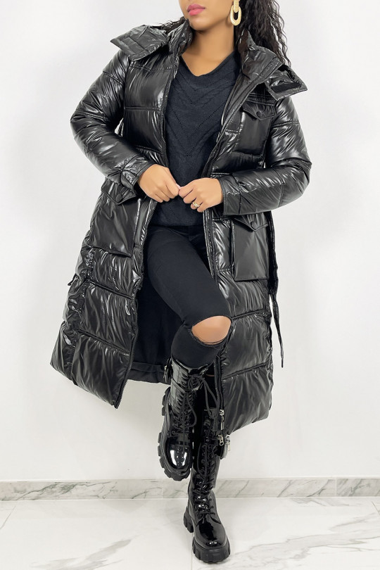 Lange metallic zwarte gewatteerde jas met riem in de taille - 4