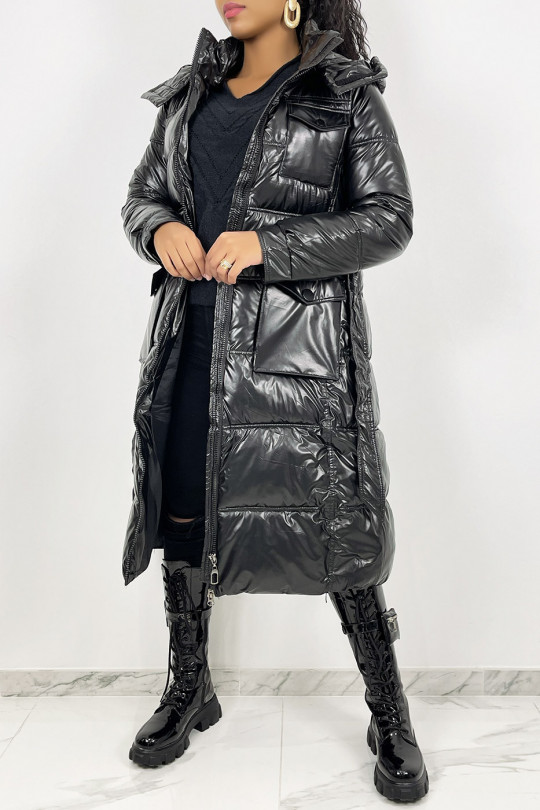 Lange metallic zwarte gewatteerde jas met riem in de taille - 5