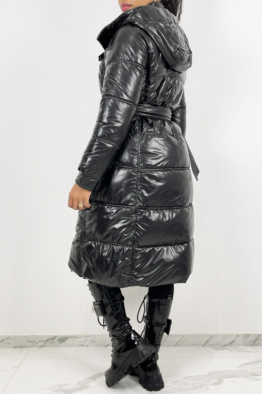 Lange metallic zwarte gewatteerde jas met riem in de taille - 8