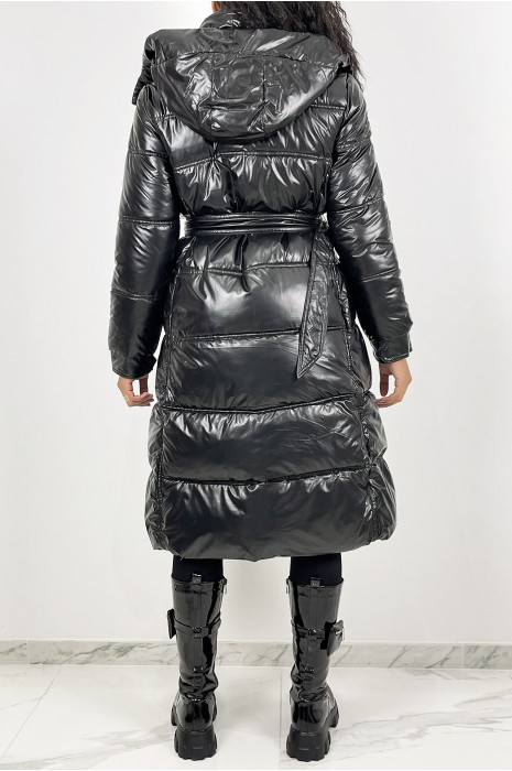 Lange metallic zwarte gewatteerde jas met riem in de taille - 9