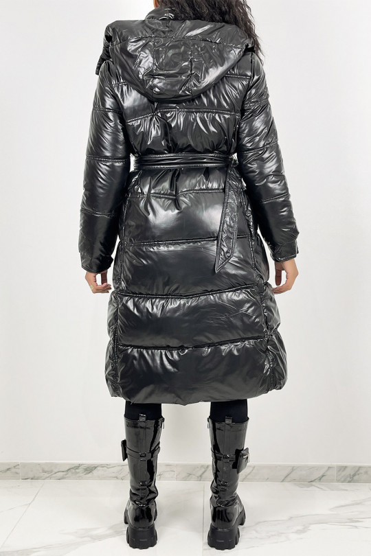 Lange metallic zwarte gewatteerde jas met riem in de taille - 9