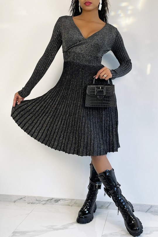 Long Sleeve Sequin Black Accordion Dress - 1