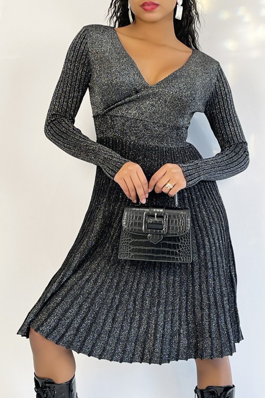 Long Sleeve Sequin Black Accordion Dress - 2