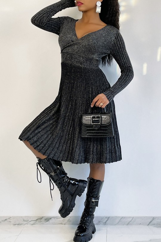 Long Sleeve Sequin Black Accordion Dress - 3
