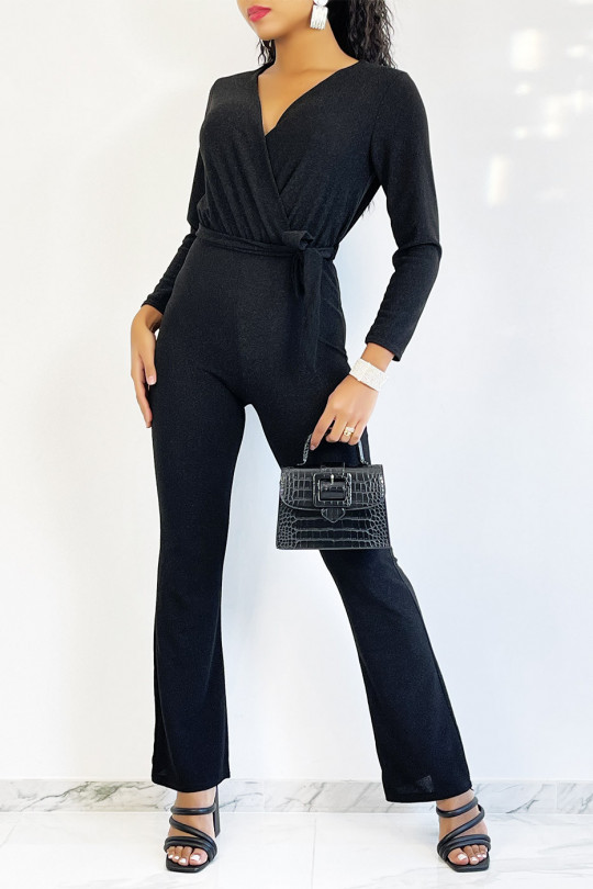 Zwarte jumpsuit met overslag en uitlopende broek met pailletten - 2