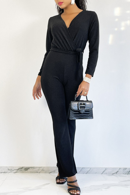 Zwarte jumpsuit met overslag en uitlopende broek met pailletten - 3