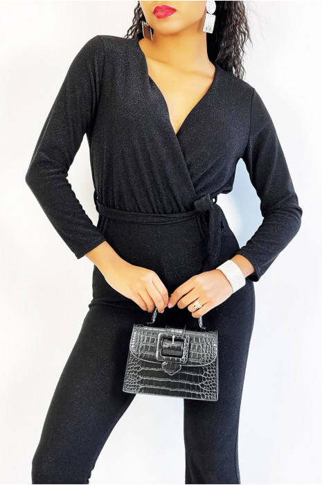 Zwarte jumpsuit met overslag en uitlopende broek met pailletten - 4