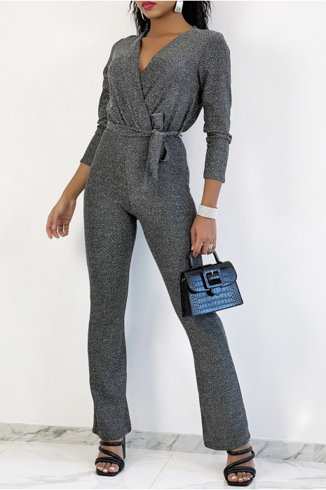 Silver Sequin Wrap Jumpsuit and Flare Pants - 2