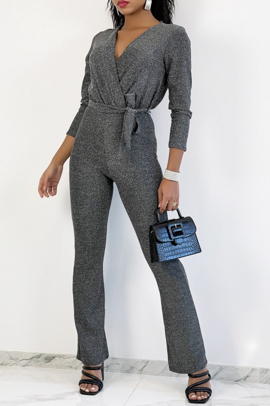 Zilverkleurige jumpsuit met overslag en wijd uitlopende broek met lovertjes - 2