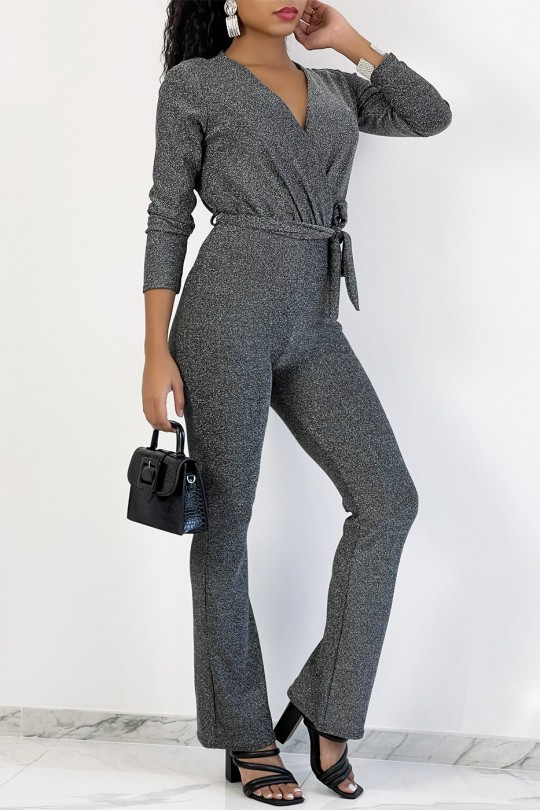 Zilverkleurige jumpsuit met overslag en wijd uitlopende broek met lovertjes - 3