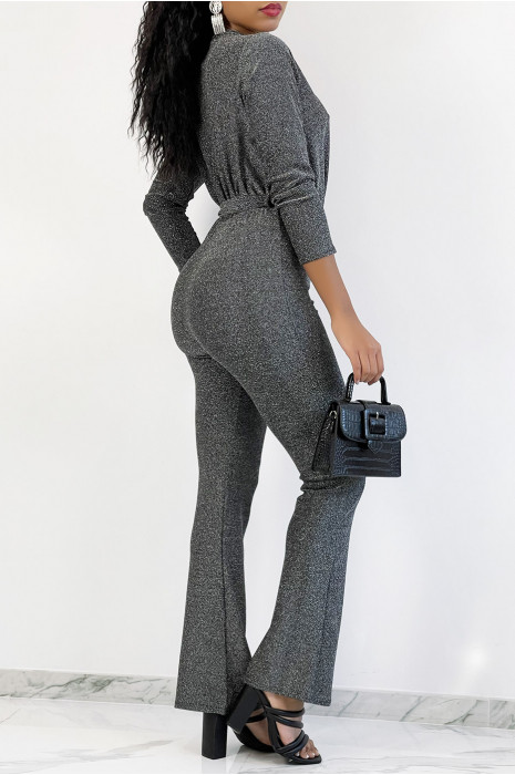 Zilverkleurige jumpsuit met overslag en wijd uitlopende broek met lovertjes - 4