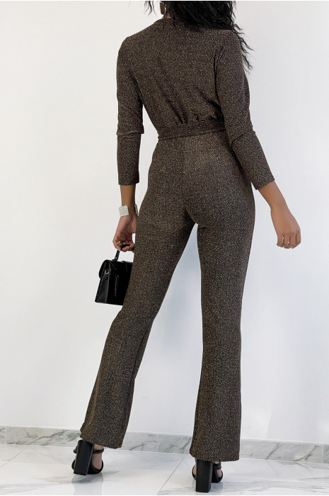 Gouden glitter jumpsuit met overslag en uitlopende broek - 4