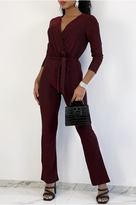 Rode jumpsuit met overslag en uitlopende broek met lovertjes - 3