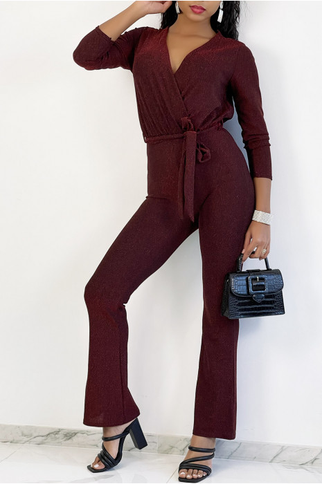 Rode jumpsuit met overslag en uitlopende broek met lovertjes - 5