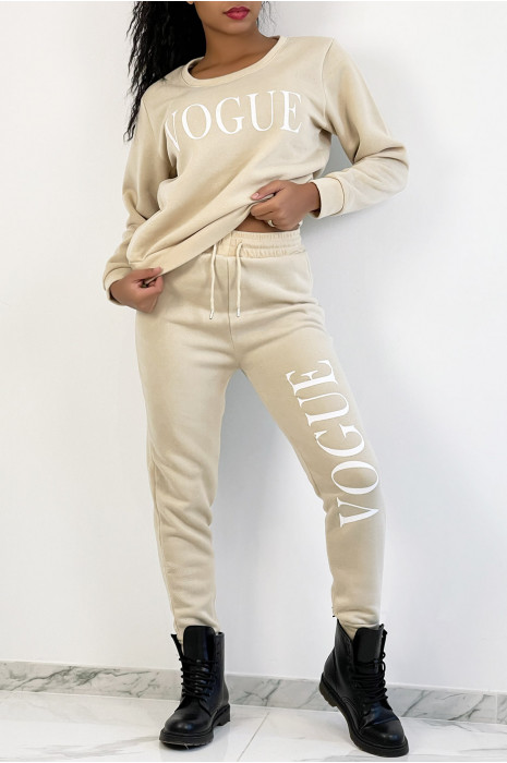 EnEBmble jogging beige à inscription "VOGUE" et interrieur duveteux - 1