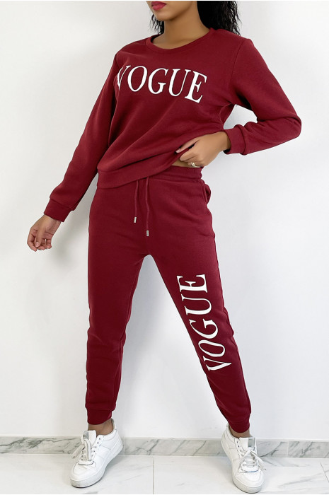 Ensemble jogging rouge bordeaux à inscription "VOGUE" et interrieur duveteux - 1