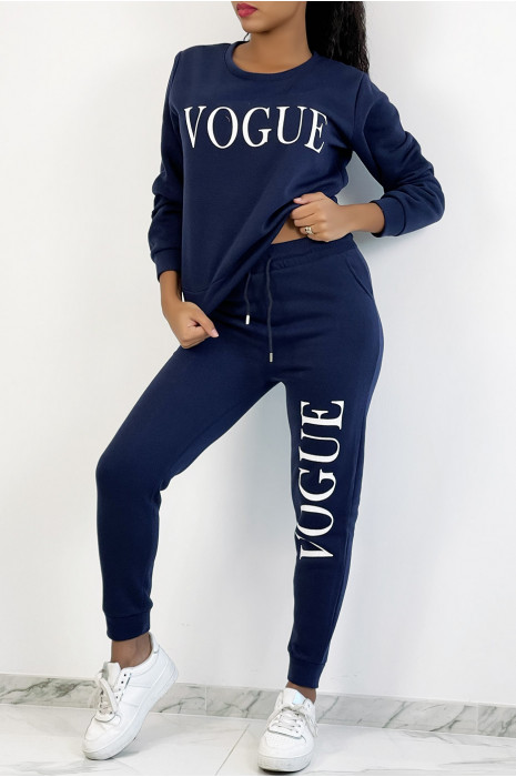 Ensemble jogging bleu marine à inscription "VOGUE" et interrieur duveteux - 1