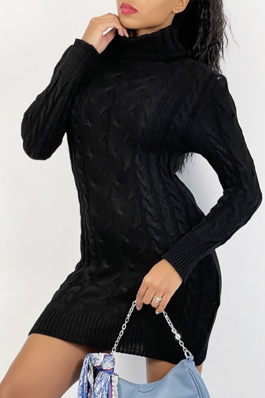 Robe pull moulante noire avec col roulé et joli motif tressé - 1