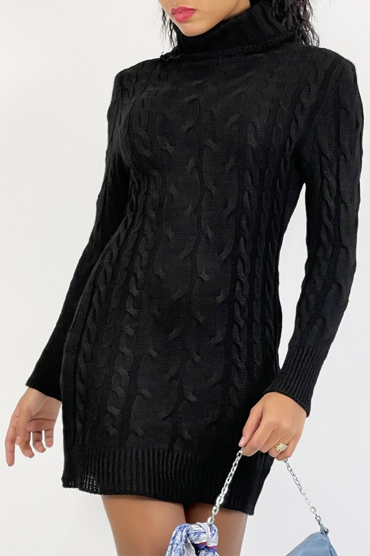 Robe pull moulante noire avec col roulé et joli motif tressé - 2