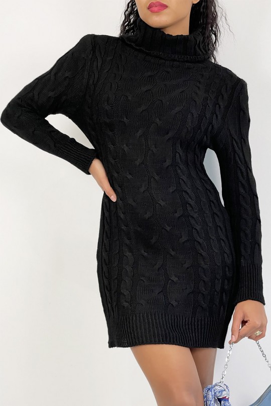 Robe pull moulante noire avec col roulé et joli motif tressé - 5