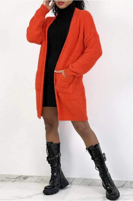 Gilet oversize orange vif très doux à poches - 1