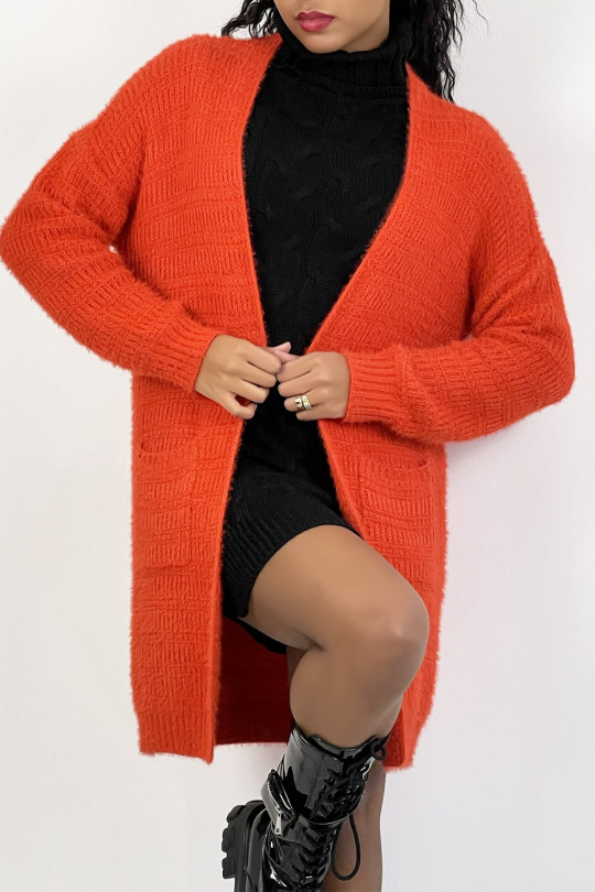 Very soft bright orange oversized cardigan with pockets - 2