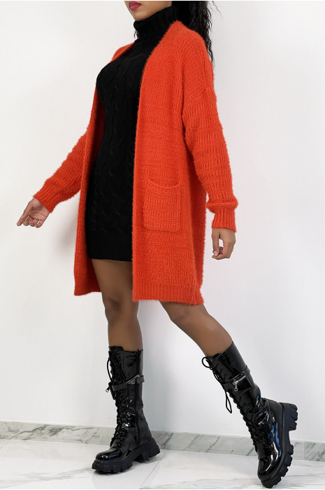 Very soft bright orange oversized cardigan with pockets - 3