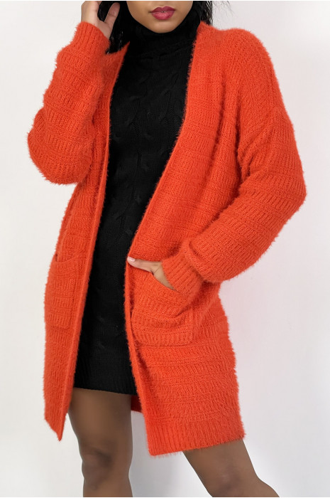 Very soft bright orange oversized cardigan with pockets - 6