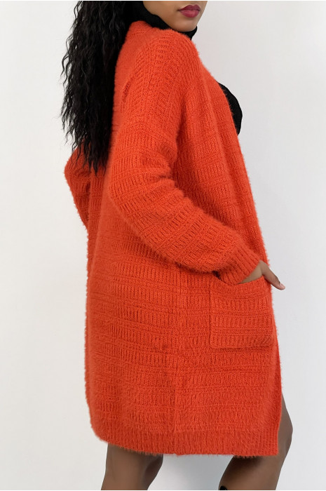 Very soft bright orange oversized cardigan with pockets - 7