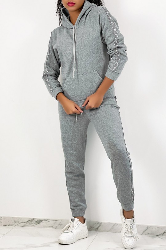 Very soft gray hooded jogging set with patterned band - 3