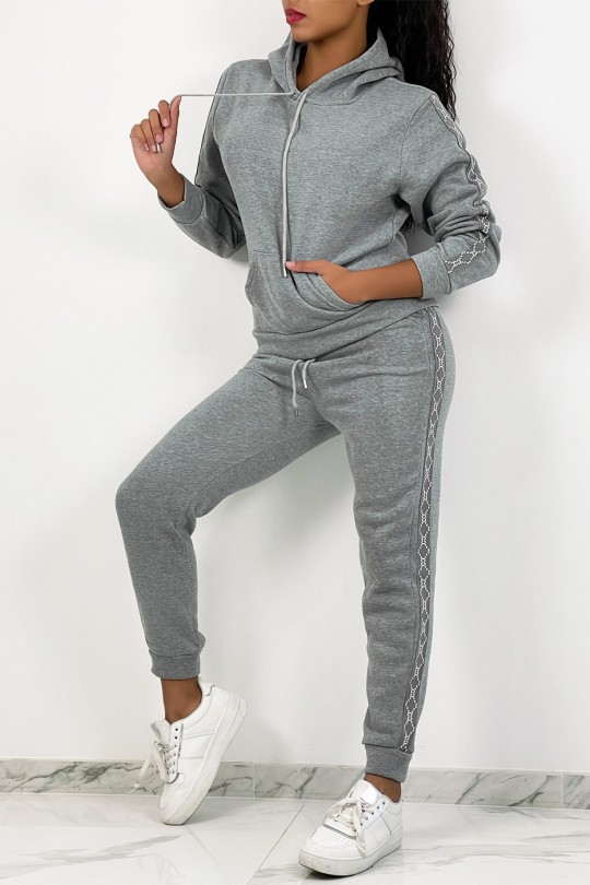 Very soft gray hooded jogging set with patterned band - 4