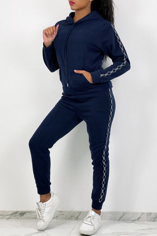 Very soft hooded navy blue jogging set with patterned band - 2