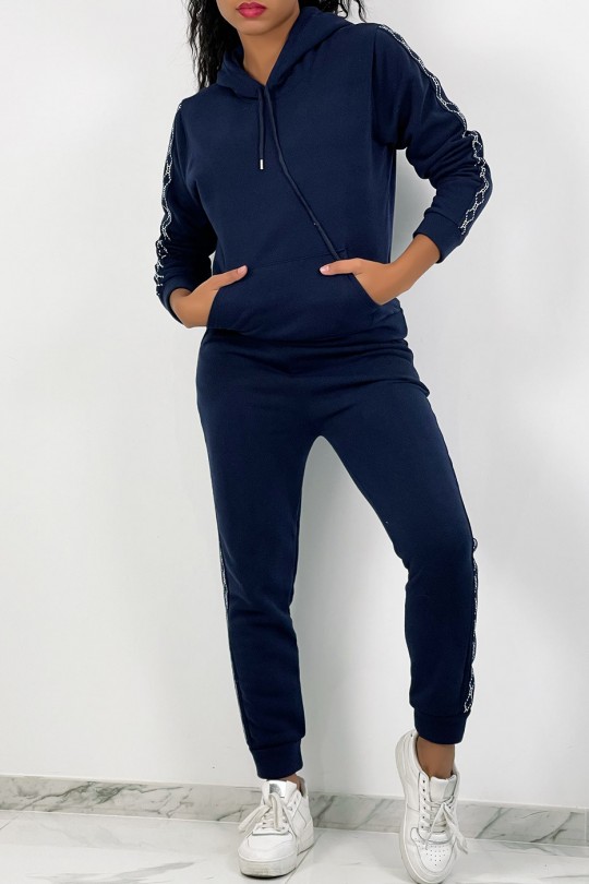 Very soft hooded navy blue jogging set with patterned band - 3