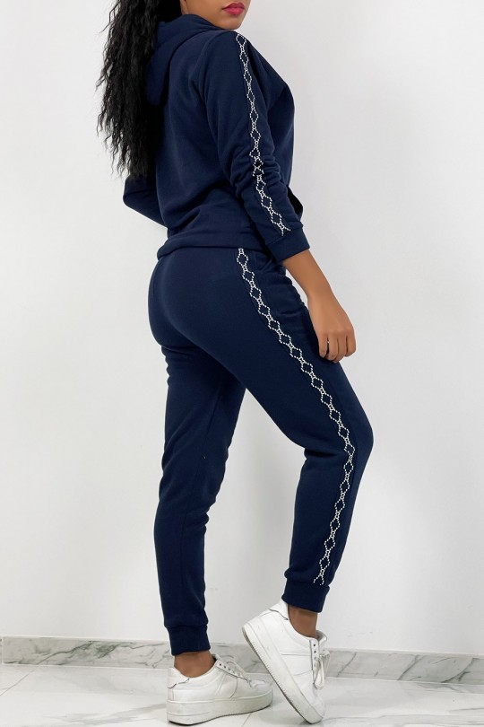 Very soft hooded navy blue jogging set with patterned band - 4