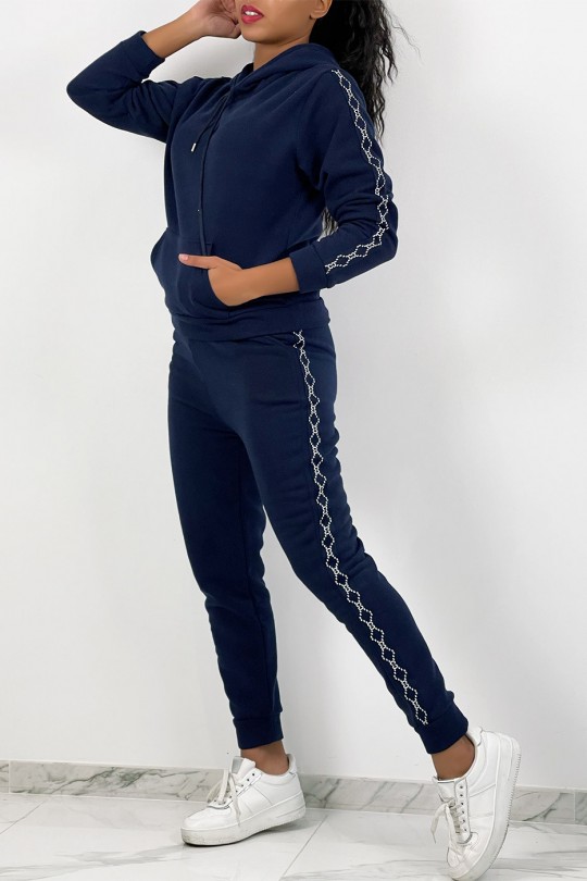 Very soft hooded navy blue jogging set with patterned band - 6