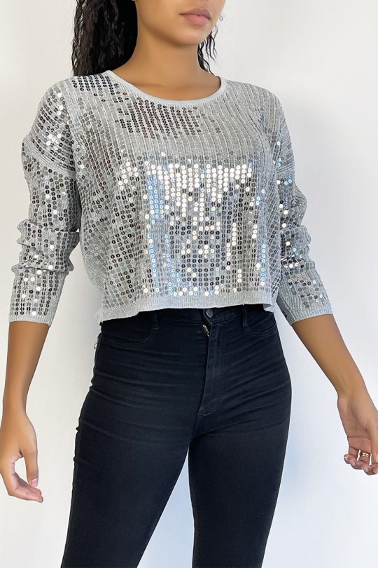 Short gray glittery sweater in fluid knit and trendy round neck - 2