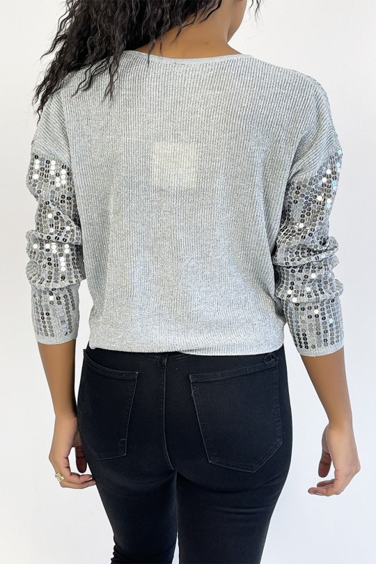 Short gray glittery sweater in fluid knit and trendy round neck - 3