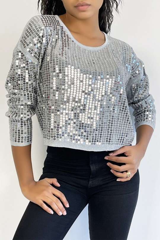 Short gray glittery sweater in fluid knit and trendy round neck - 4