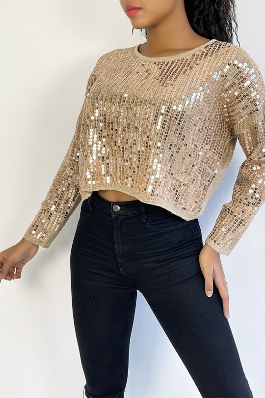 Short powder pink glittery sweater in fluid knit and trendy round neck - 1