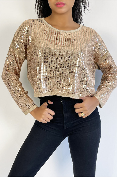 Short powder pink glittery sweater in fluid knit and trendy round neck - 2