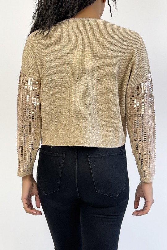 Short powder pink glittery sweater in fluid knit and trendy round neck - 4