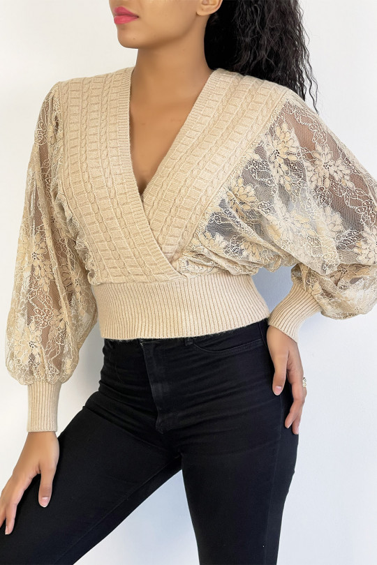 Cropped beige wrap sweater with puffed lace sleeves - 1