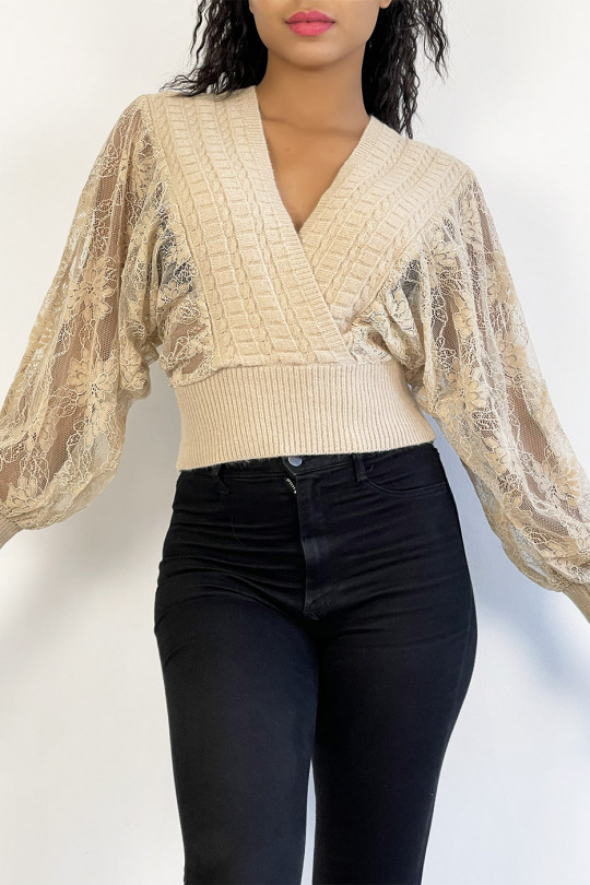 Cropped beige wrap sweater with puffed lace sleeves - 2