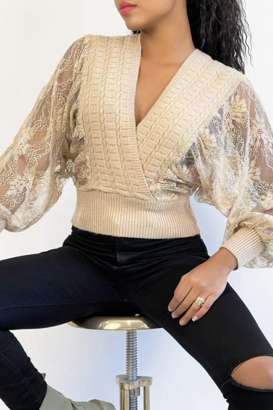 Cropped beige wrap sweater with puffed lace sleeves - 3