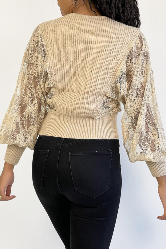 Cropped beige wrap sweater with puffed lace sleeves - 4