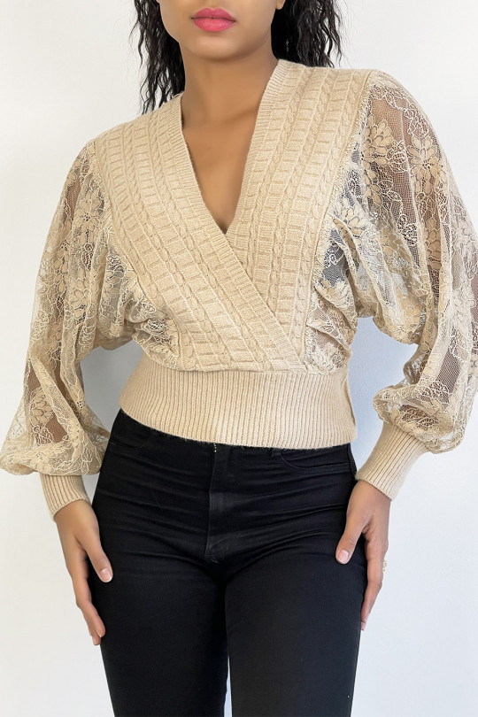 Cropped beige wrap sweater with puffed lace sleeves - 6