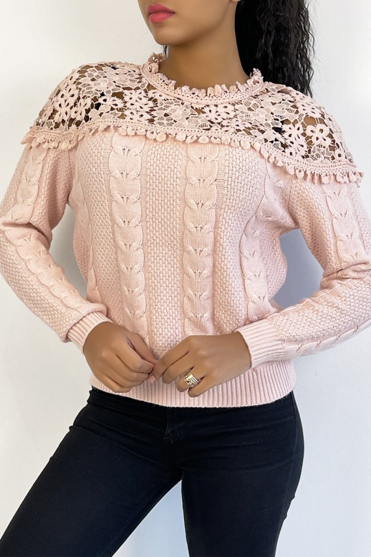 Pink knit sweater with embroidery collar - 1