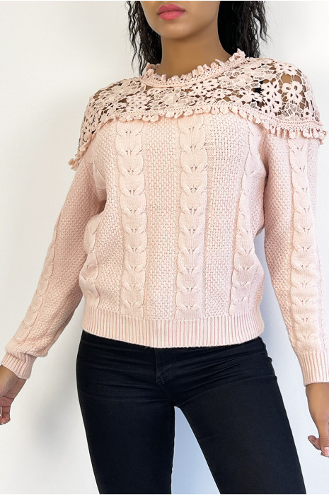 Pull rose en maille à col en broderie - 2
